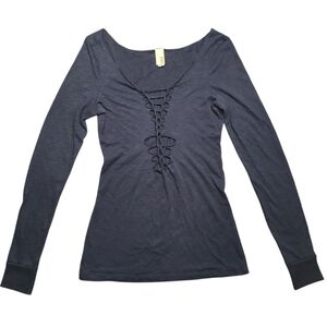 BKE Black Lace Up Corset Top Long Sleeve Boho Gothic Peasant Shirt Small